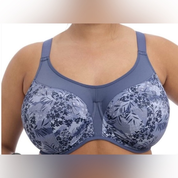 Elomi Energise Underwire Sports Bra 34L Vintage Denim Floral J Hook Racerback - Picture 1 of 10
